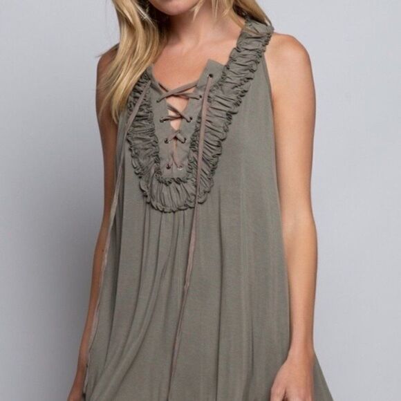 tunic Top with Ruffled Lace Up Olive Sleeveless - Picture 8 of 15